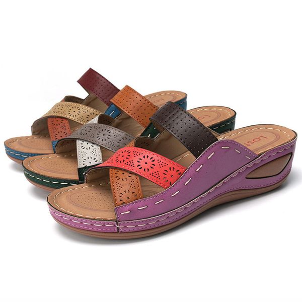 

female 2020 slip-on sandals women wedges shoes hollow out style patchwork color sandals sewing summer sandalia feminina, Black