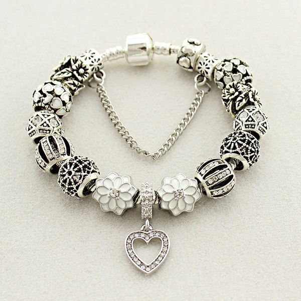 

fit pandora factory silver plated with logo heart glass crystal beads silver white peach heart bracelets beads love bracelet petal pendant