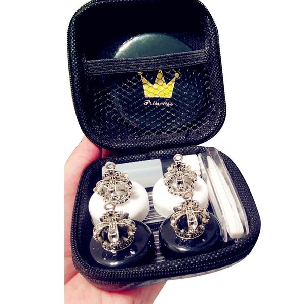 

mini stylish simple contact lens hard case travel kit with mirror bottle with tweezers container holder-cute crown -white and bl, Silver