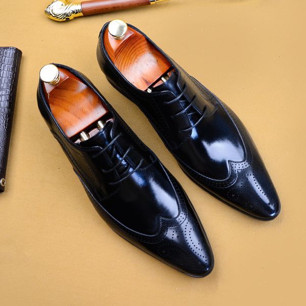 

breathable brogue carving pointed toe men loafers lace-up mens dress shoes wedding leather shoes, Black