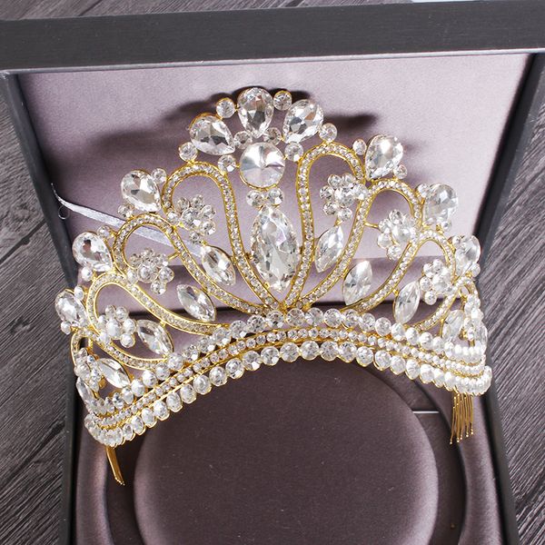 

new silver gold color wedding queen crown luxury crystal big tiara crowns with comb bride wedding bridal headdress hg-213, Golden;white