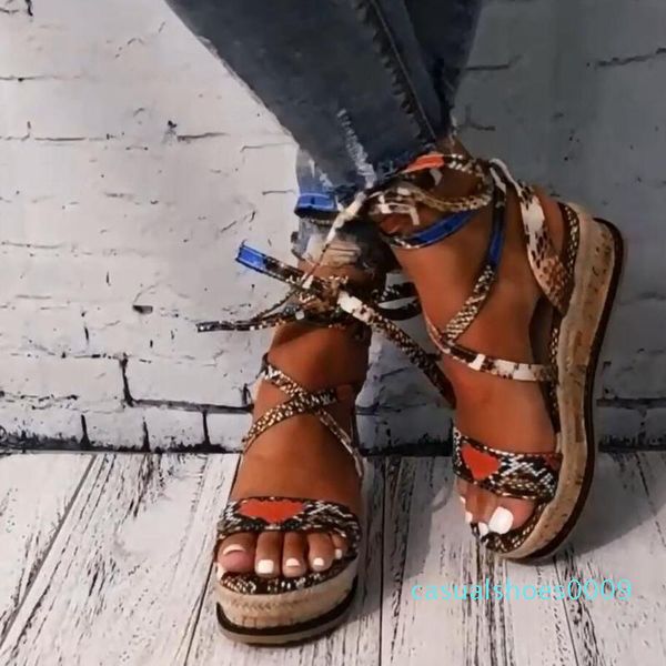 

new wedges heels fashion 2020 big size 43 wholesale shoelaces snake printed summer ins shoes women sandals c09, Black