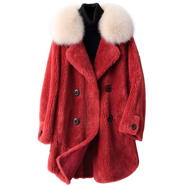 

real fur coat female vintage fur collar sheep shearing jacket women korean clothes 2019 elegant wool coat hiver 1809, Black
