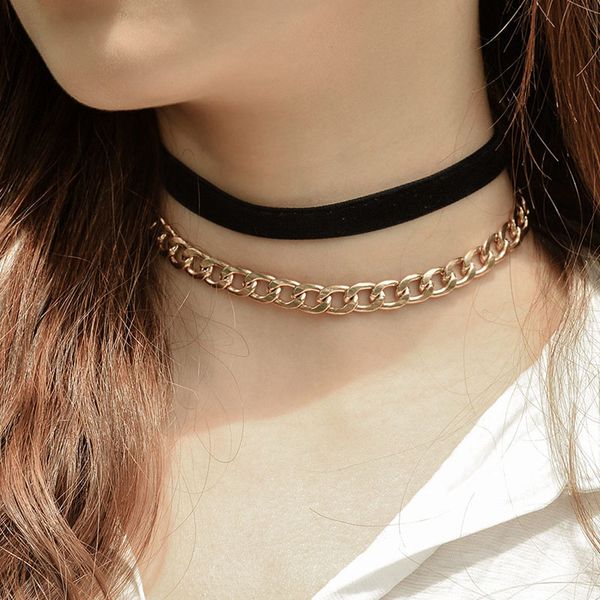 

punk vintage двойной слой металла цепи choker ожерелья для женщин простой velvet шеи chocker воротник подарка ювелирных изделий 2019 новый x, Golden;silver
