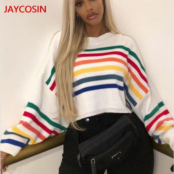 

jaycosin sweater 2019 fashion women o-neck colourful long batwing sleeve patchwork stripe sweaters new arrival l300801, White;black
