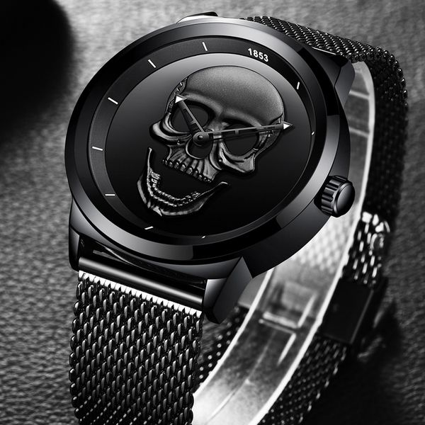 

2019 new men watch top casual fashion 3d skull stainless steel waterproof sports man wristwatch relogio masculino, Slivery;brown