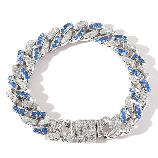 

blue white cz stone paved hip hop bling iced out round miami cuban chain bracelets for men rapper jewelry drop shipping, Black