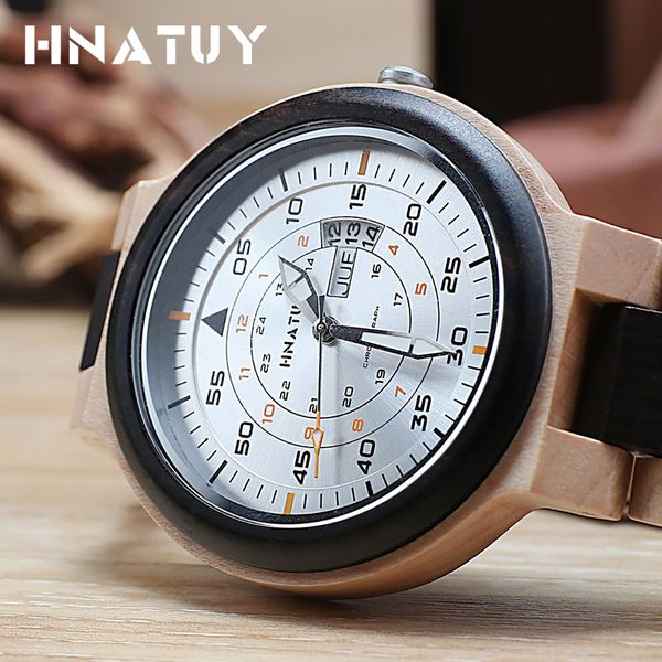

hnatuy men's watches complete calendar bracelet clas wood watch quartz wristwatches simple movement watch wood band watches male, Slivery;brown