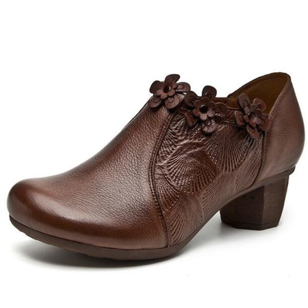 

2020 new spring 100% natural full genuine leather shoes high heel shoes flower fashion comfort breathable women, Black