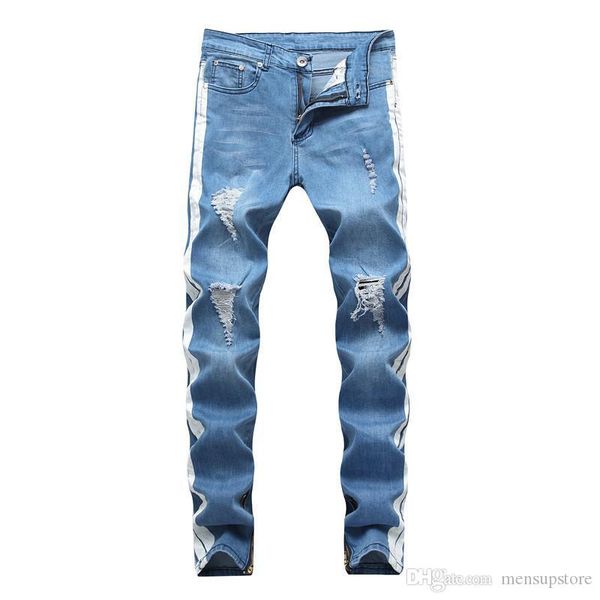 

mens designer jeans ripped distressed long light blue striped jean pants fashion trousers