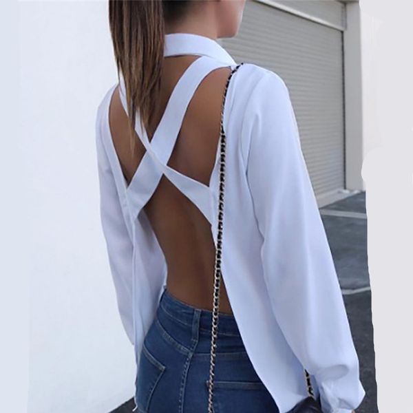 Mulheres Crisscross Open Back Blusa Camisas Tops Sexy Backless Manga Comprida Turn-down Collar Outono Camisa Branca Cinza Camisas Sólidas J190615