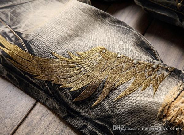 

stylish teenager straight wing embroidery jeans mens designer ripped jeans straight fashion slim fit male pants, Blue