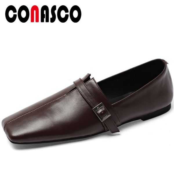 

conasco retro women genuine leather flats concise office lady spring autumn comfortable casual loafers shoes woman, Black