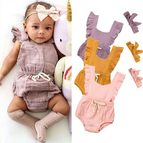 

повседневных новорожденных ребёнки летнего bodysuits одежда little baby cute рюши solid лук комбинезоны + ободки 2pcs комплекты одежда, Blue