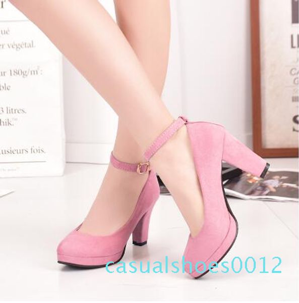 

autumn high heels women pumps platform suede shoes women ankle strap thick heeled ladies shoes comfortable working shoes size34-42 c12, Black