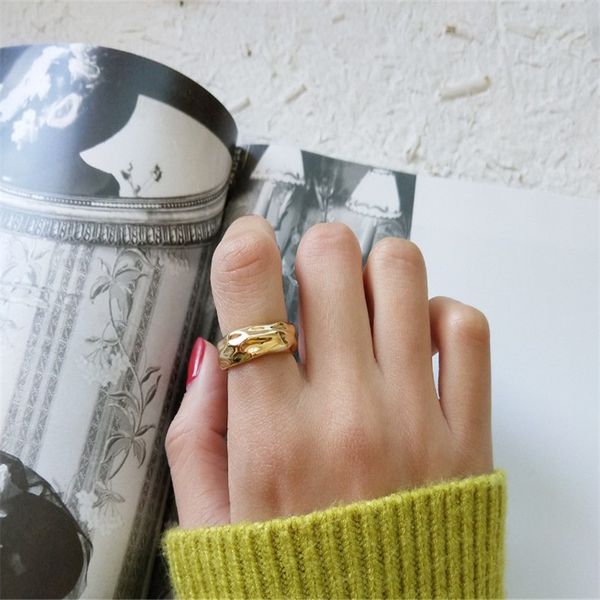 18K Gold Color Аутентичные 925 Регулируемые кольца стерлингового серебра Фольга для женщин Классический Неравномерность открытое заявление кольцо