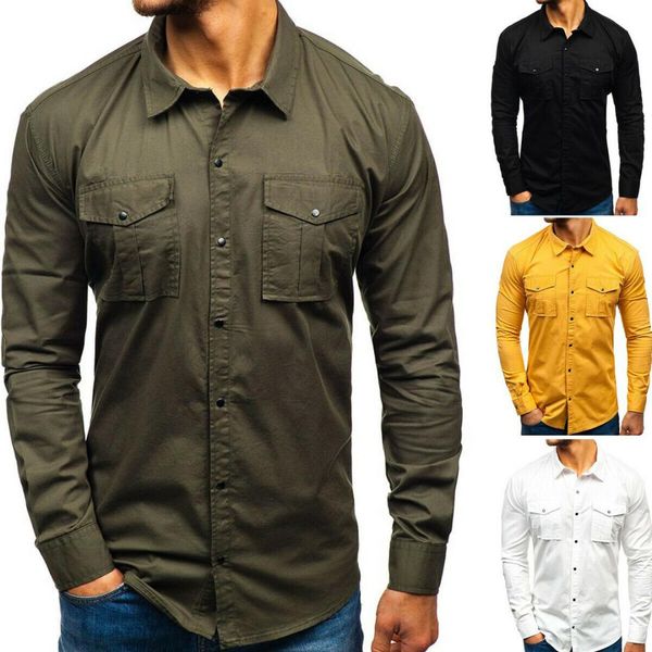 

vogue mens multi-pocket casual shirt long sleeve solid loose shirts dress shirts mrens cargo style casual, White;black