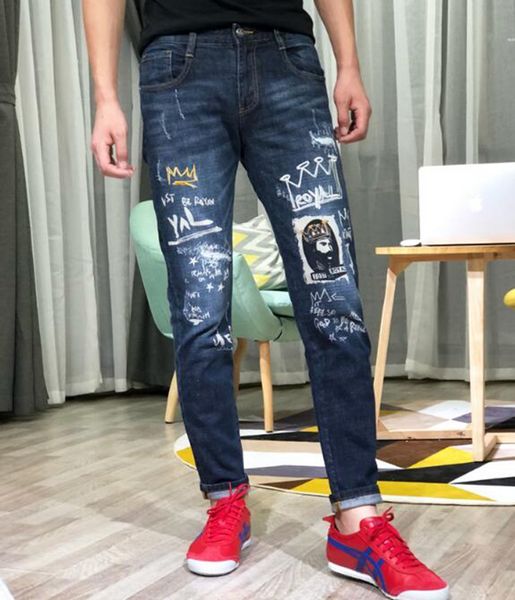 

men's europe and the united states, the korean version of the new printing trend slimming personality straight tube jean trousers / 28, Blue