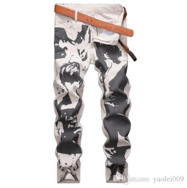 

designer mens jeans american trend street irregular pattern print fashion locomotive jeans personality nightclub casual pants for men, Blue