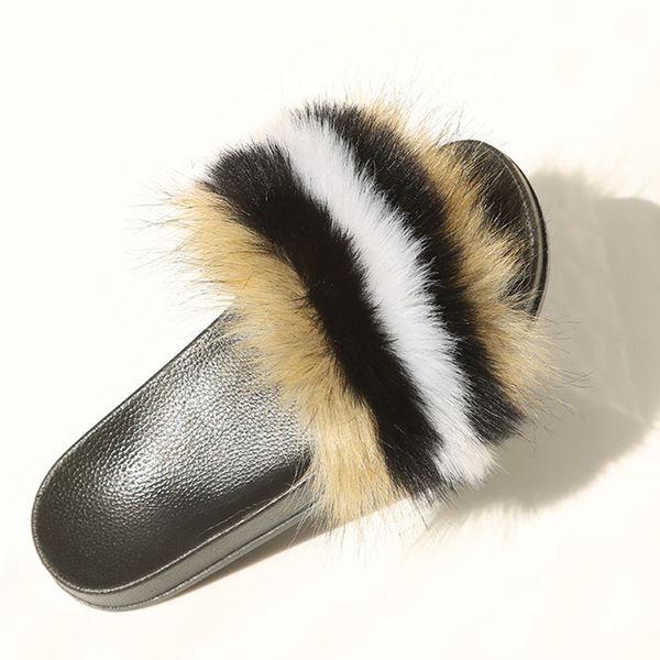 

fashion ladies shoes women plush slippers real fox fur slides fluffy raccoon fur slides women sandals drop shipping slippers, Black