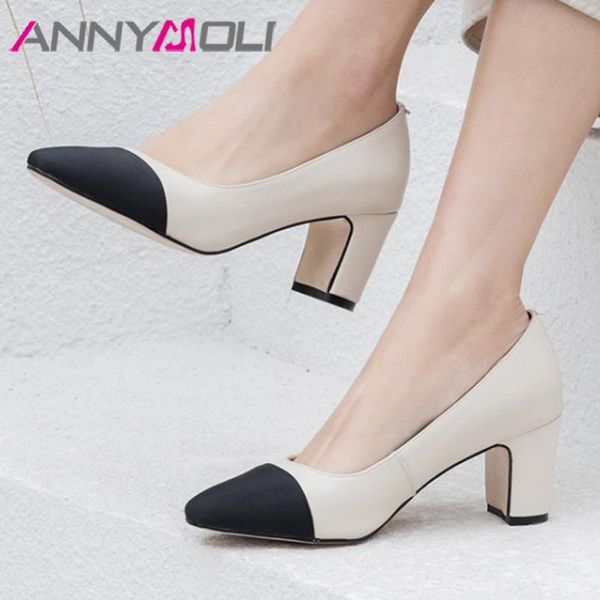 

annymoli women shoes genuine leather high heel pumps pointed toe block heels ladies footwear autumn black apricot plus size 40