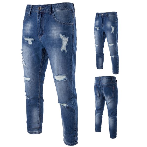 

spring mens ripped solid jeans hole distrressed casual male straight pants washed fashion daily boys pencil pants, Blue