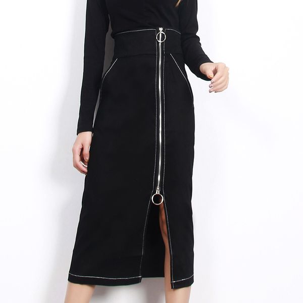 

мода tide осень новый повседневная мода темперамент женщины сыпучие plus solid color zipper высокая талия прямая юбка tc555, Black