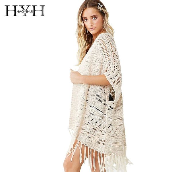 

hyh haoyi hui new knit hollow out open stitch breaf 2019 spring summer fashion solid tassel symmetrical loose women coat, Black;brown