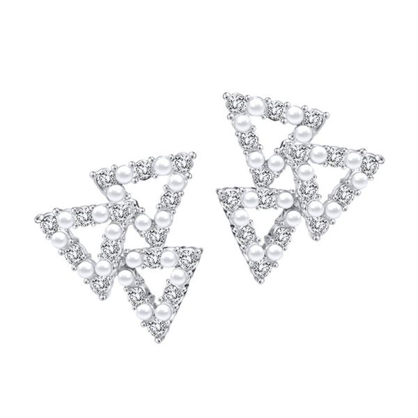 

geometric triangle stud earring with pearl zircon 925 sterling silver needle minimalism casual fashion jewelry for women gift, Golden;silver