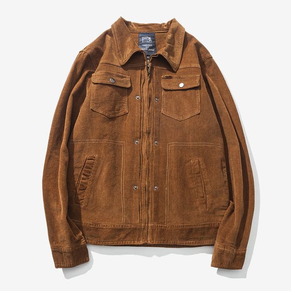

japanese harajuku corduroy khaki turn down collar button up men jacket retro, Black;brown