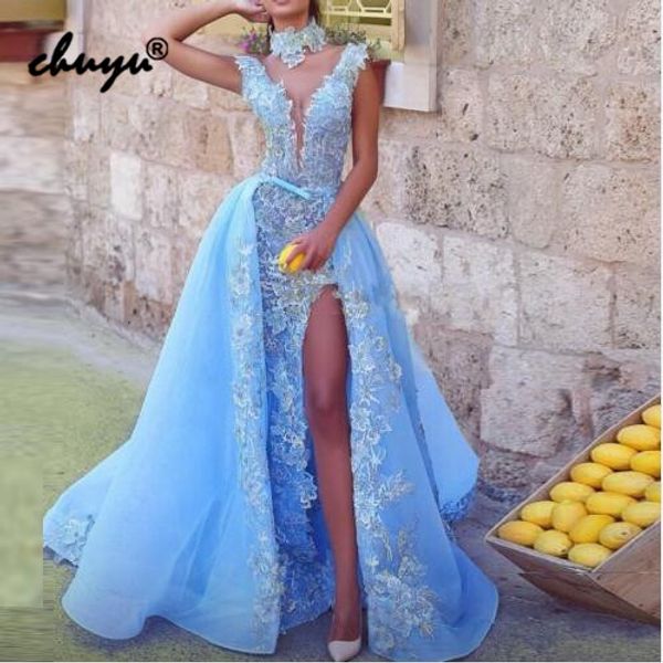 

sky blue muslim evening dresses v-neck appliques lace slit islamic dubai saudi arabic evening gown boho prom dress, White;black