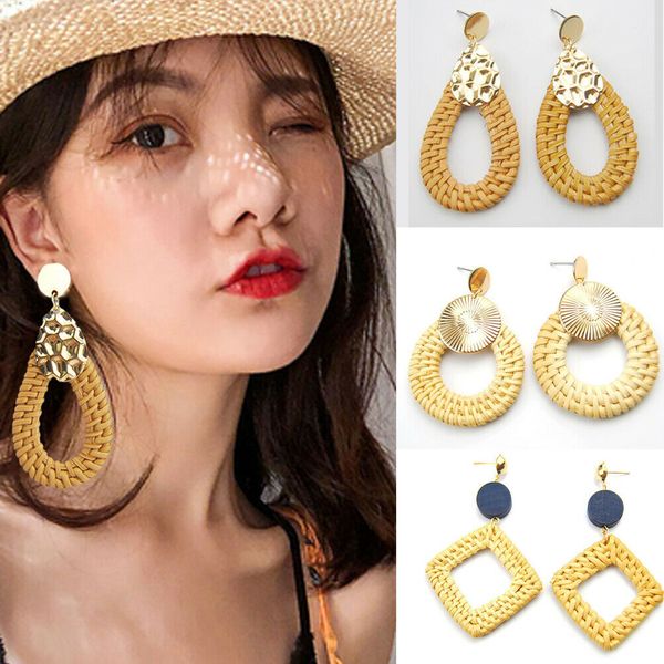 

fashion hand straw rattan woven ear stud hook earrings womens jewellry party earrings, Silver