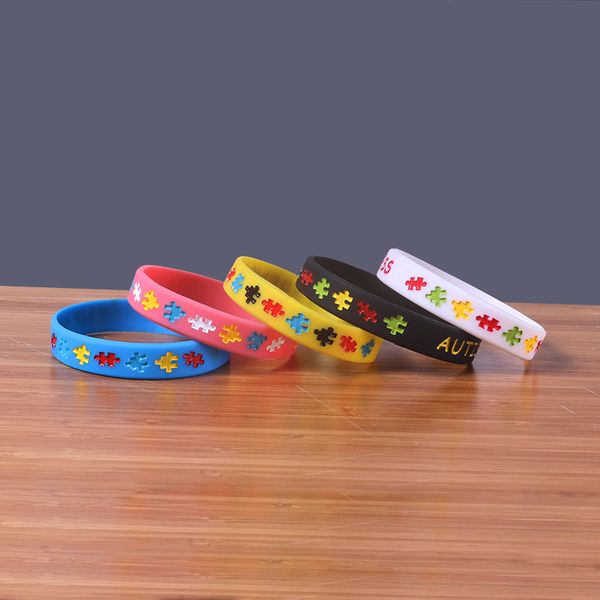 

pbr156(1),pink/black/yellow/white/blue puzzle pieces ribbon autism awareness wristband silicone rubber bracelet promotion gifts, Golden;silver