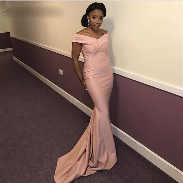 

bulsh pink bridesmaid dresses with zipper back african off the shoulder floor length mermaid satin wedding party bridemaid dresses, White;pink