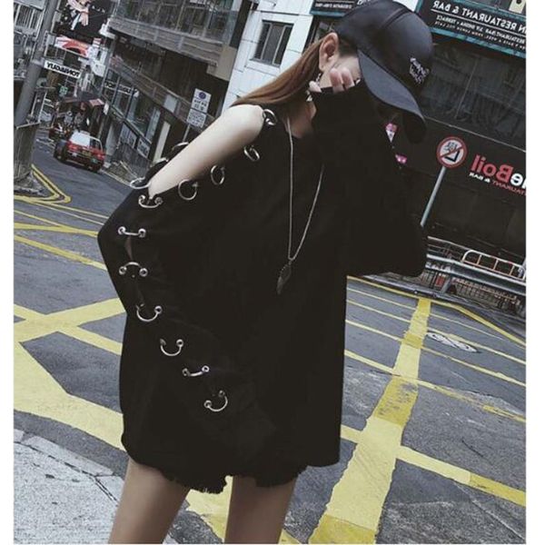 

european american style hoodie women solid color long sleeve off shoulder iron ring sweatshirts woman loose women pullovers, Black