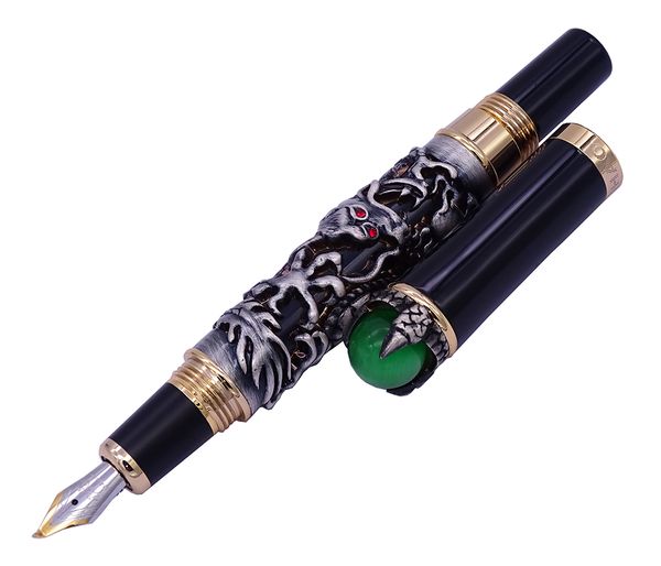 

jinhao vintage dragon king bent nib fountain pen calligraphy pen, metal embossing green jewelry on gray drawing ink pen