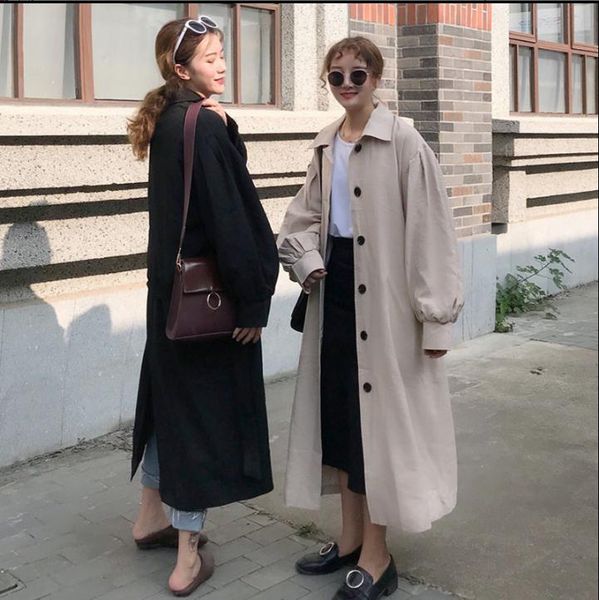 

the korean version of the pure color lazy loose tie with a fork in back, long long sleeves over knee windbreaker jacket, Tan;black