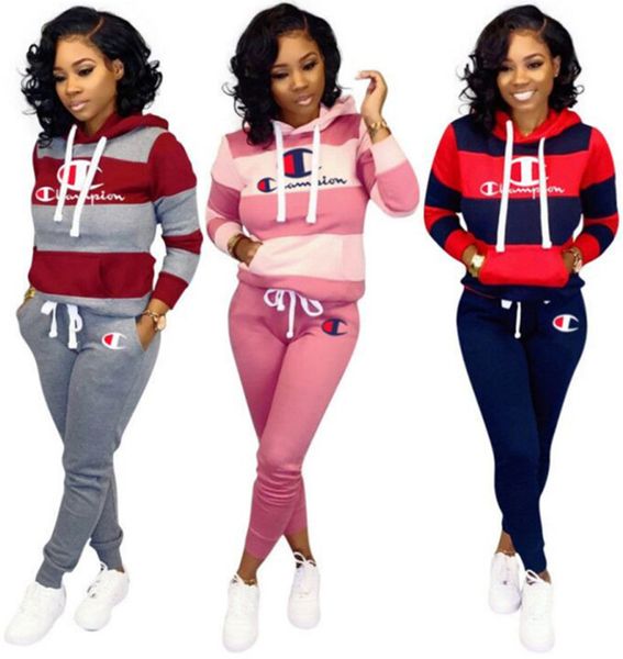 

champions women hooded tracksuit casual 2 piece set letter print long sleeve hoodies leggings fashion fall winter clothes running suit 1497, White