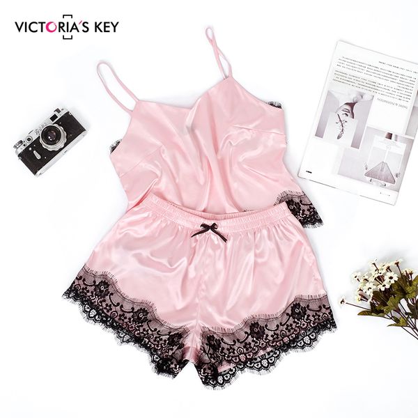 

victoria's key pink satin pajamas women summer sleepwear spaghetti strap cami bow knot shorts silk slip lace pajama set, Black;red
