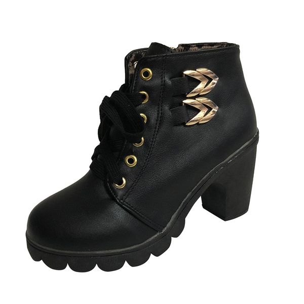 

women pure color square heel lace-up suede boots boots round toe shoes square with straps vintage quality new f104, Black