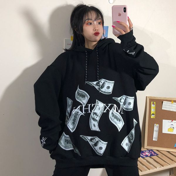 

harajuku us dollar print hooded women sweatshirt letter embroidery casual loose long sleeve female hip hop pullovers hoodies, Black
