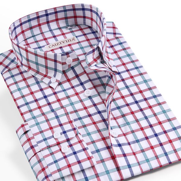 

men's casual shirts button-down contrast gingham plaid cotton pocket-less design long sleeve standard-fit shirt, White;black