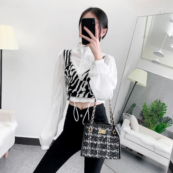 

fashion ageing two-piece suit womens puff sleeve drawstring short long sleeve sunscreen jacket two-piece leopard camisole, Black;white