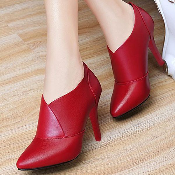 

2020 woman high heels ankle boots pointed toe women women's slip on thin heel ladies footwear plus size female comfort shoes, Black