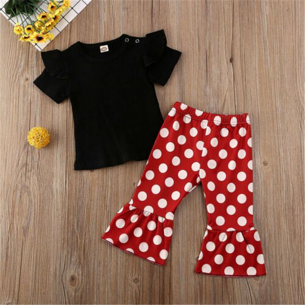 

newborn kids baby girls clothes ruffle solid pullover long sleeve round neck polka dot flared pants 2pc toddler outfits, White