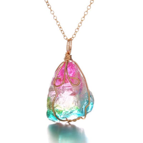 

colorful crystal chakra rock necklace natural stone irregular rainbow stones gold chain quartz pendant statement necklaces wedding jewelry, Silver