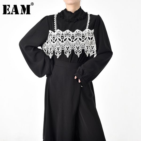 

special benefits [eam] women white lace contrast color blouse new stand collar loose fit shirt fashion spring autumn 2020 y083