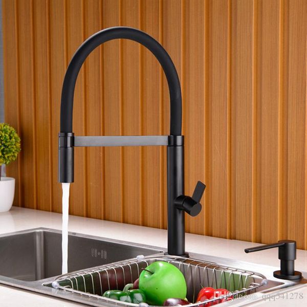 

solid brass kitchen faucet pull out down sink mixer tap 360 swivel spout and cold water torneira,matte black & chrome