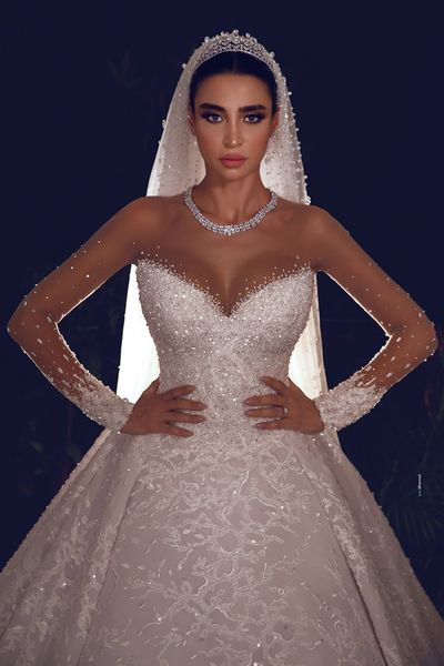 

bling bling sequins ball gown wedding dresses sheer neck long sleeve bridal gowns illusion sweep train wedding vestidos de novia, White