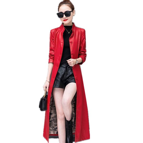

women spring jacket single breasted autumn coat imitation leather slim was thin female winter long coats with belt big size 349, Black